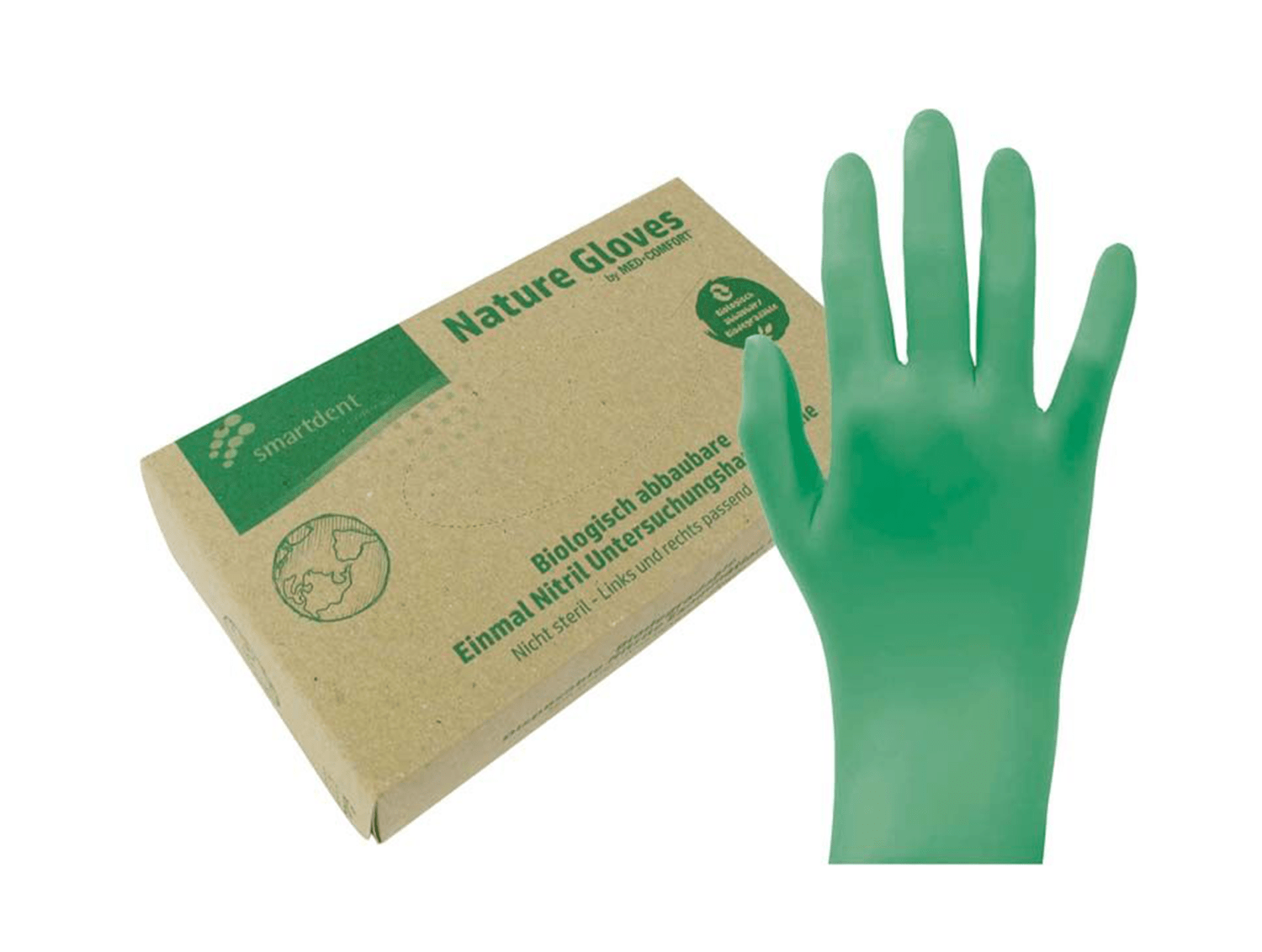 <p><strong>100 Stück pro Box, grün<br /></strong>Diese umweltfreundlichen Nitrilhandschuhe, die Med Comfort Nature Gloves, bieten sicheren Schutz und hohen Tragekomfort für den nachhaltigen Praxisgebrauch.</p>